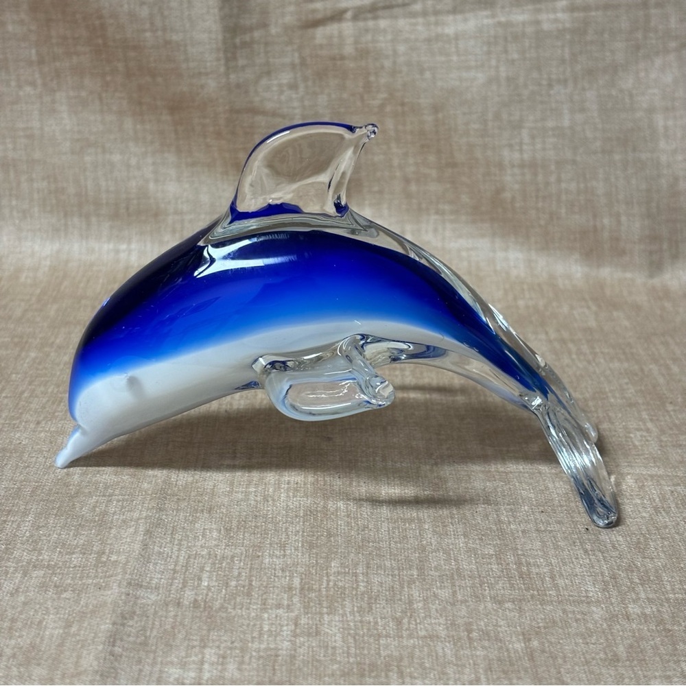 COBALT BLUE & WHITE GLASS DOLPHIN FIGURINE PAPERWEIGHT